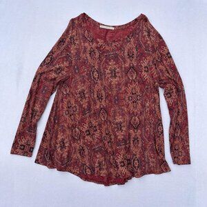 Peruvian Connection Pima Cotton Modal Burnt Red Patterned Long Sleeve Top Sz XL